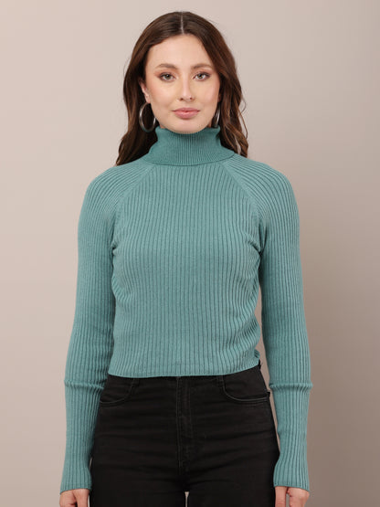 Cotton Raglan Full Sleeve with high-neck ribbed sea green sweater