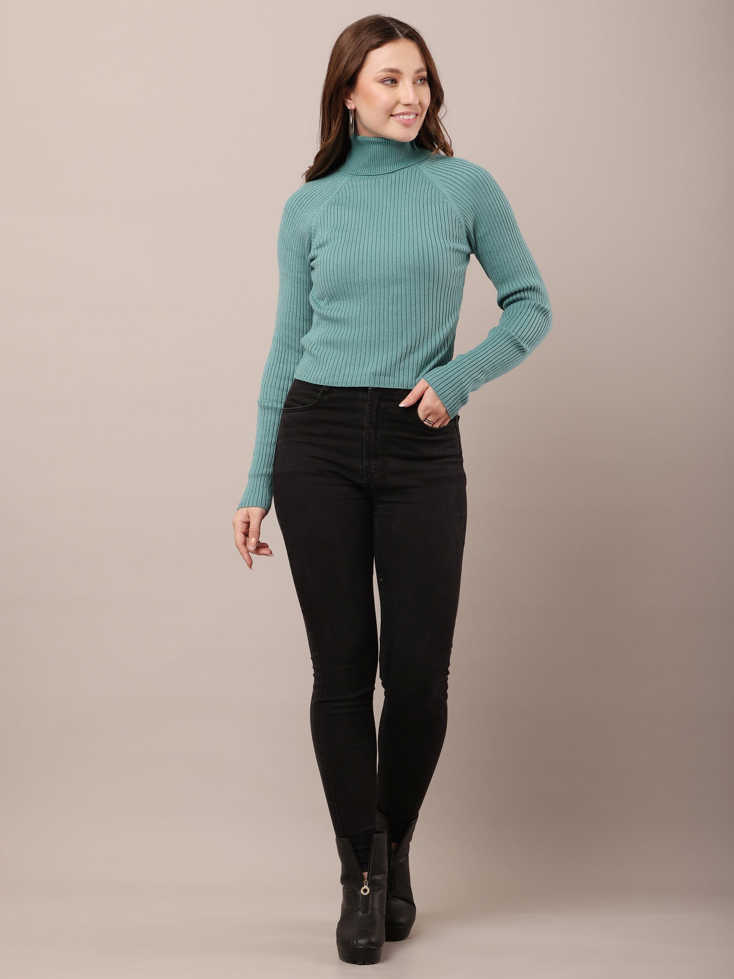 Cotton Raglan Full Sleeve with high-neck ribbed sea green sweater