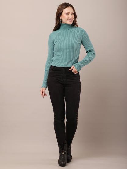 Cotton Raglan Full Sleeve with high-neck ribbed sea green sweater
