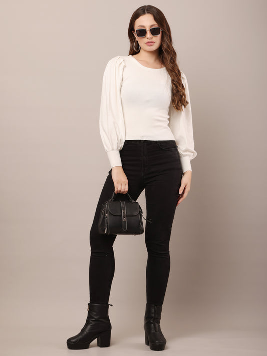 Viscose Round neck with puff long sleeve Ribbed off-white Top
