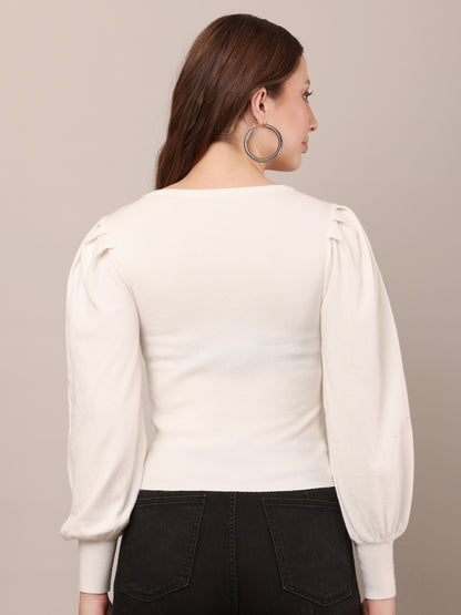 Viscose Round neck with puff long sleeve Ribbed off-white Top