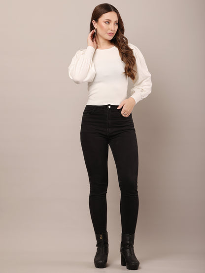 Viscose Round neck with puff long sleeve Ribbed off-white Top