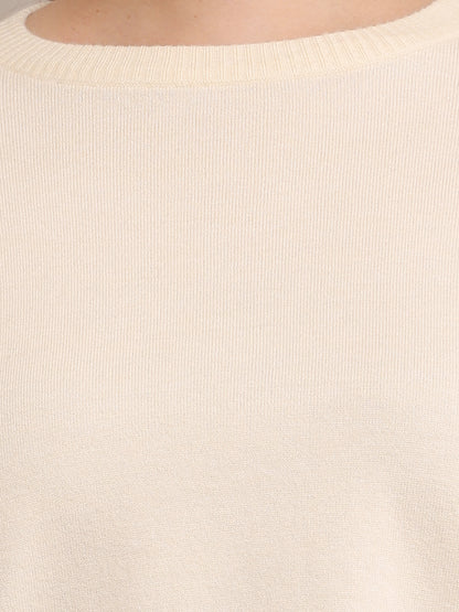Viscose Full Sleeve Round Neck Crop Cream Sweater