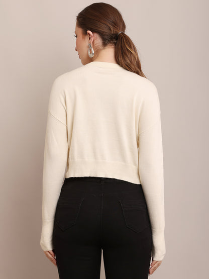 Viscose Full Sleeve Round Neck Crop Cream Sweater