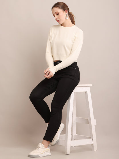 Viscose Full Sleeve Round Neck Crop Cream Sweater