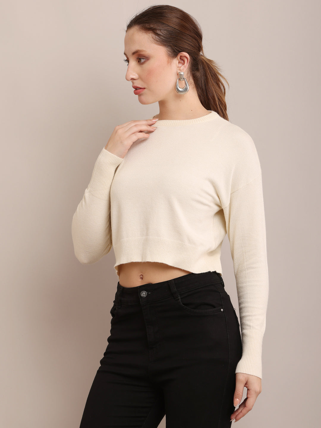 Viscose Full Sleeve Round Neck Crop Cream Sweater