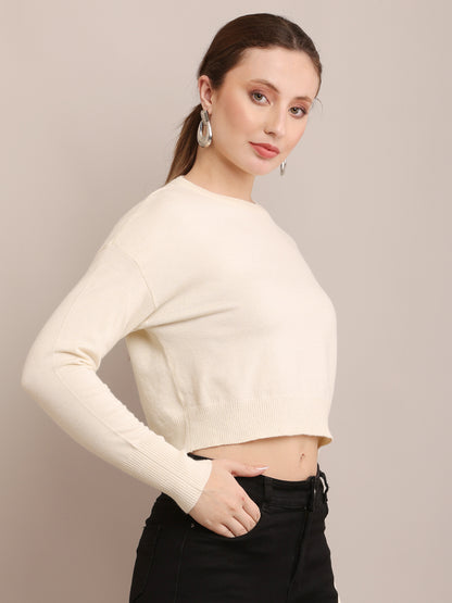 Viscose Full Sleeve Round Neck Crop Cream Sweater