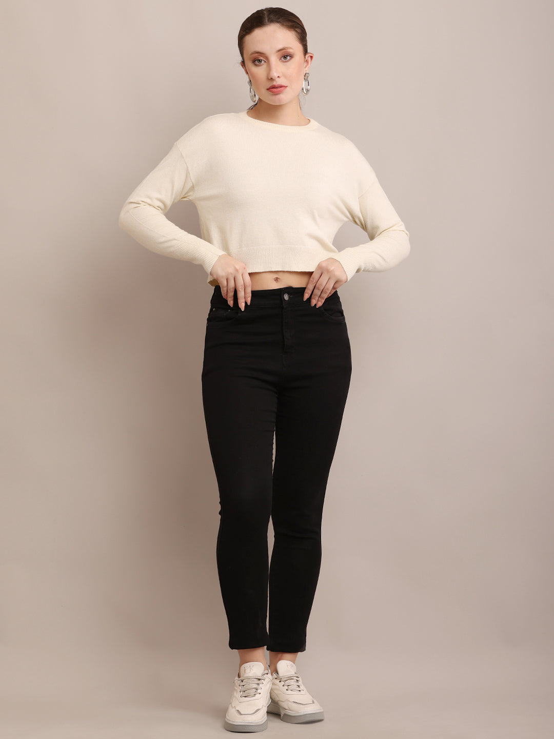 Viscose Full Sleeve Round Neck Crop Cream Sweater