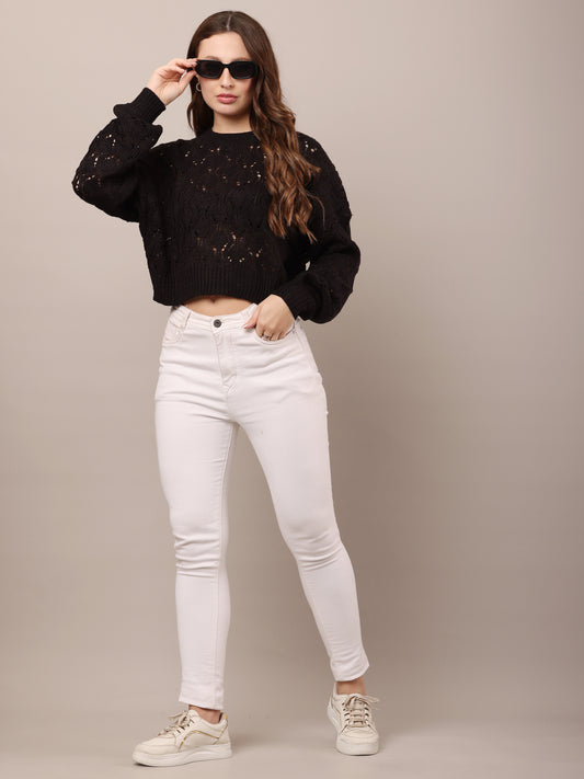Cotton drop shoulder with full sleeve Crew neck Black crochet knit sweater