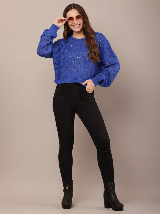 Cotton drop shoulder with full sleeve Crew neck Blue crochet knit sweater