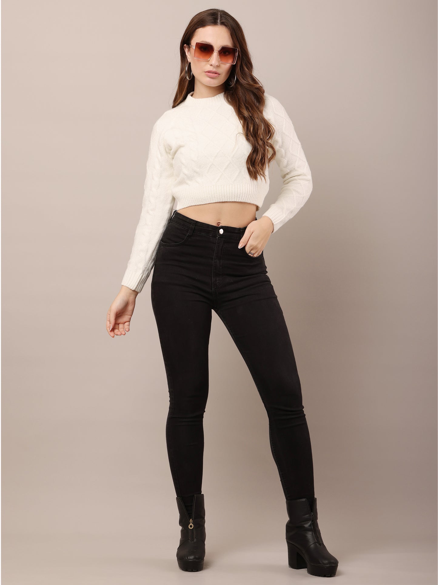 Acrylic Full Sleeve with Crew neck off-white Crop sweater