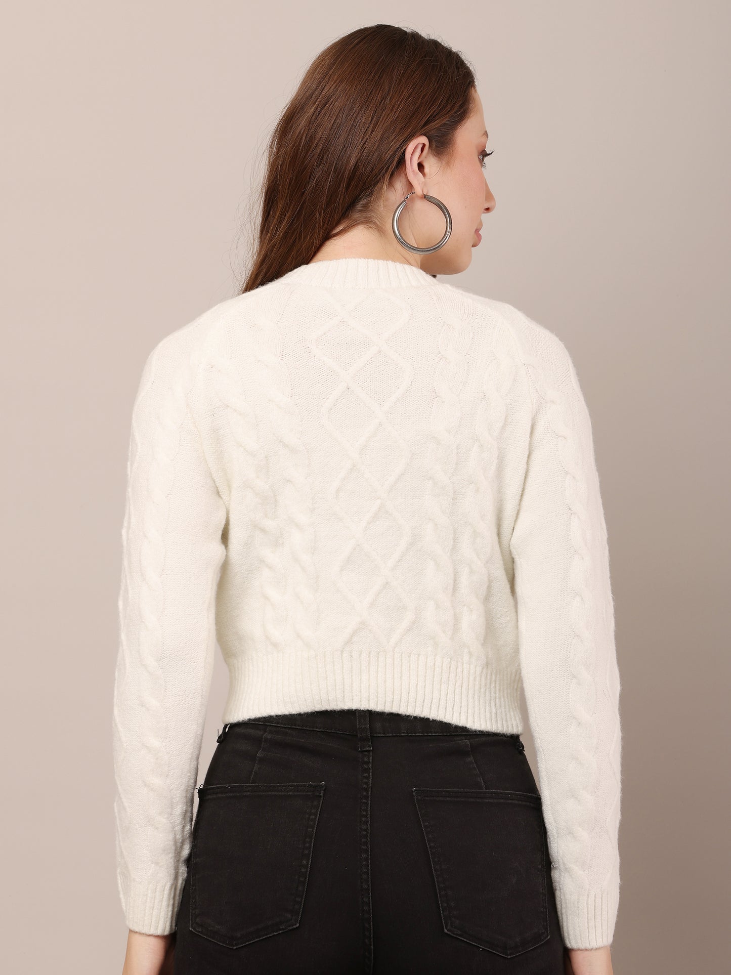 Acrylic Full Sleeve with Crew neck off-white Crop sweater