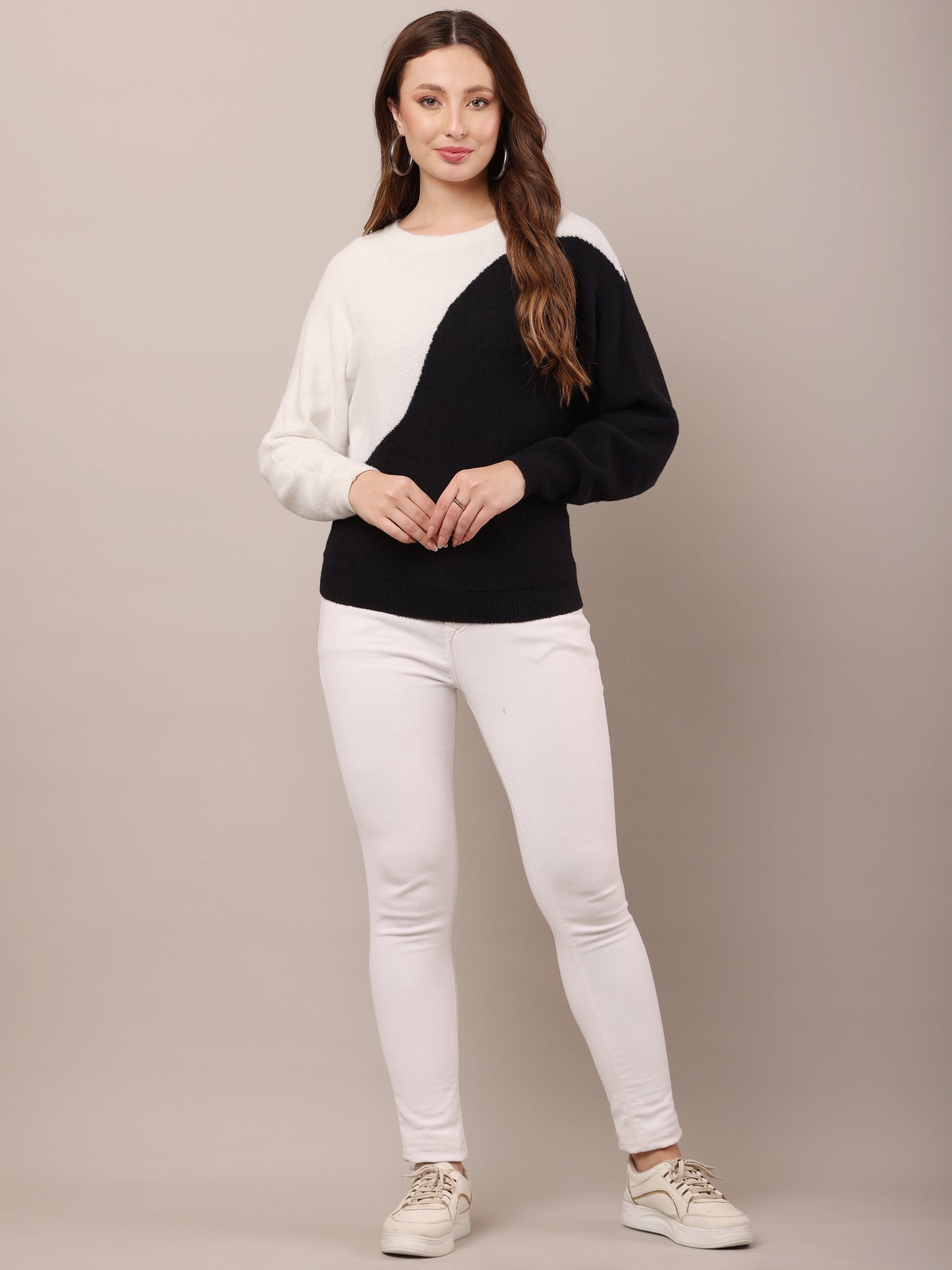 Nylon Full Sleeve with Round Neck Colourblocked Sweater