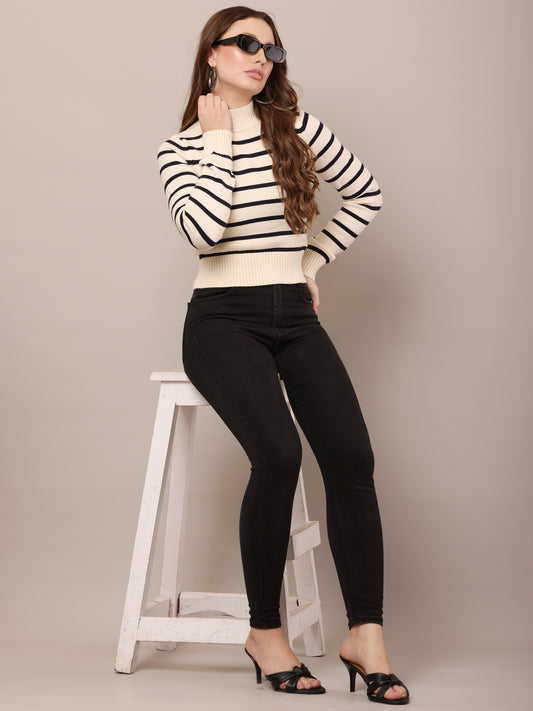 Viscose High Neck with Full Sleeve cream and Black Striped Sweater