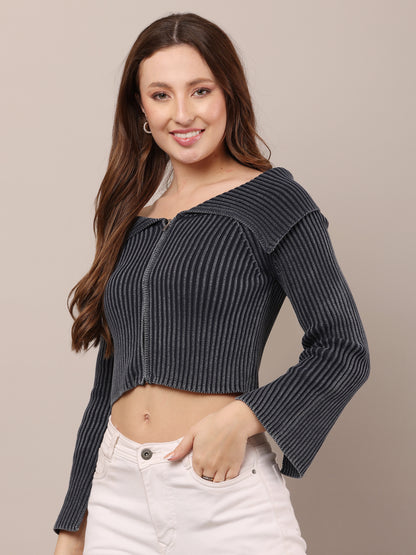 Cotton Striped Off-Shoulder Long Sleeve stretchable Bardot Crop Smoke Dark Blue Top
