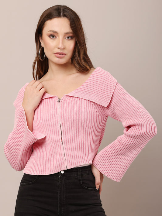 Cotton Striped Off-Shoulder Long Sleeve stretchable Bardot Crop Smoke Pink Top