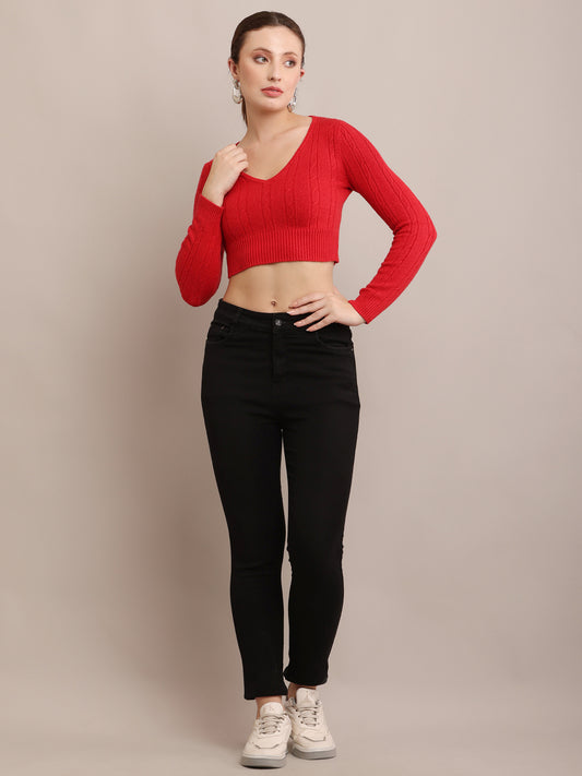 Cotton Full Sleeve with V-Neck Ribbed Fitted Crop Red Top