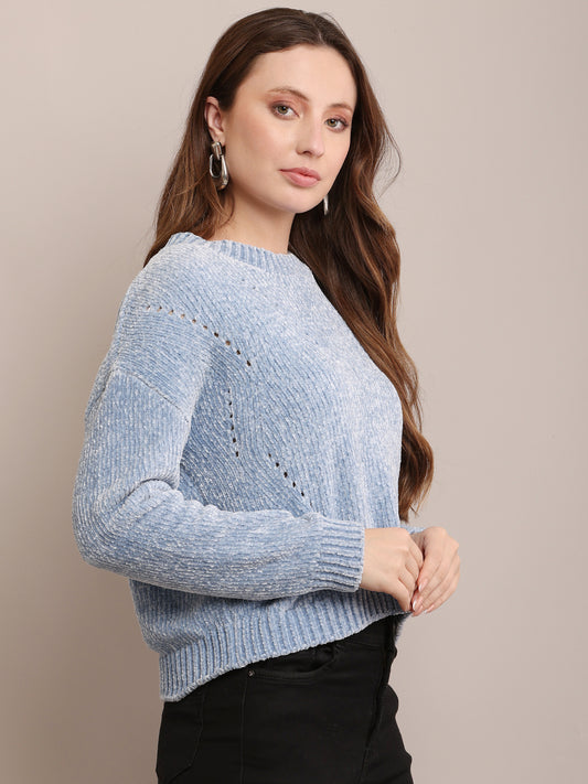 Polyester Full Sleeve with Round Neck Knitted Blue Sweater
