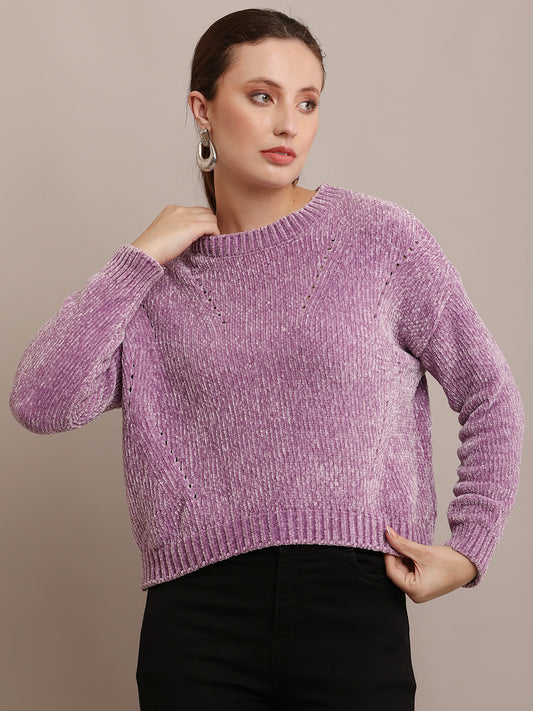 Polyester Full Sleeve with Round Neck Knitted Purple Sweater