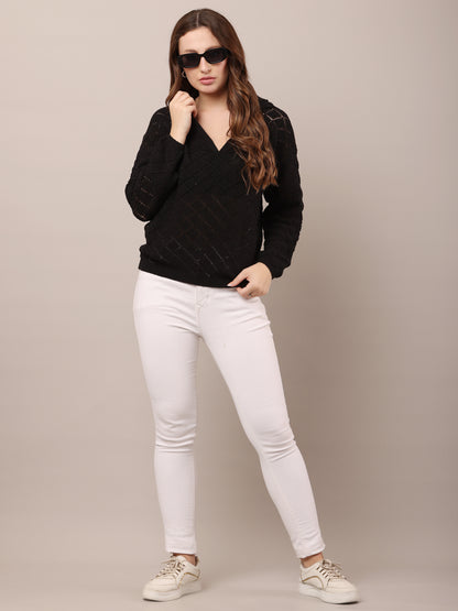Cotton V-Neck with Full Sleeve Crochet Black Sweater