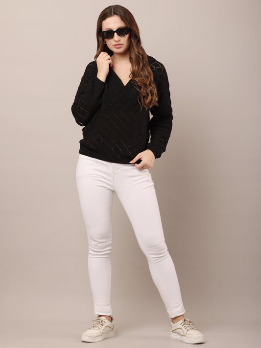 Cotton V-Neck with Full Sleeve Crochet Black Sweater