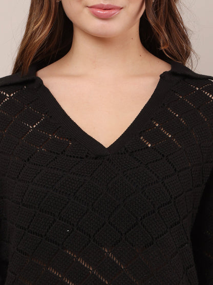 Cotton V-Neck with Full Sleeve Crochet Black Sweater