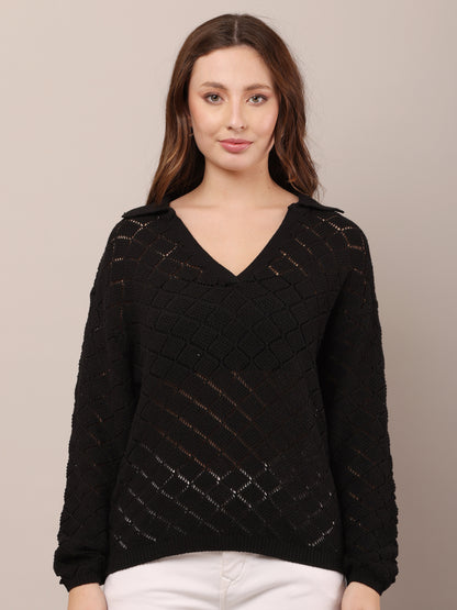 Cotton V-Neck with Full Sleeve Crochet Black Sweater