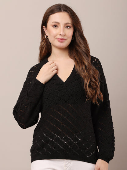 Cotton V-Neck with Full Sleeve Crochet Black Sweater