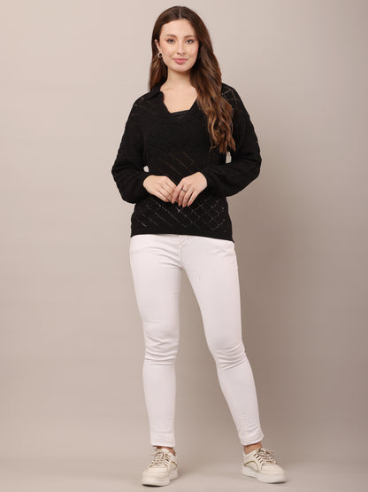 Cotton V-Neck with Full Sleeve Crochet Black Sweater