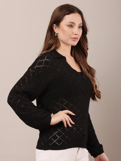 Cotton V-Neck with Full Sleeve Crochet Black Sweater