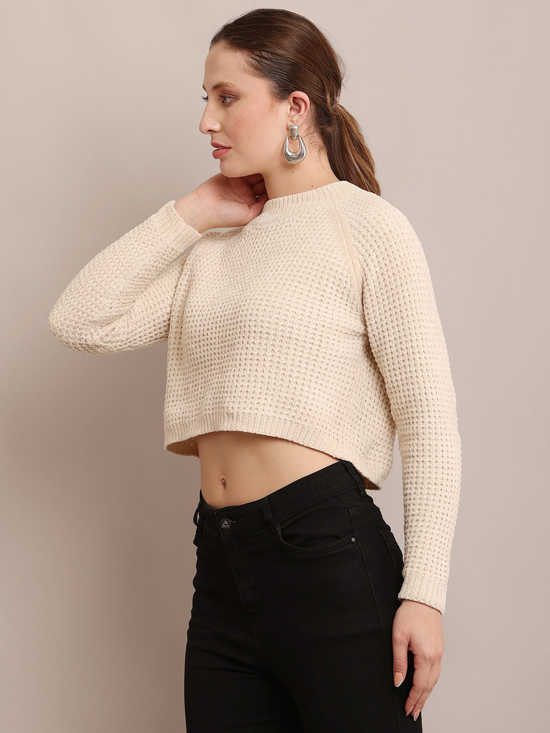 Polyester Crew neck With Full Sleeve Crop Knitted Cream sweater