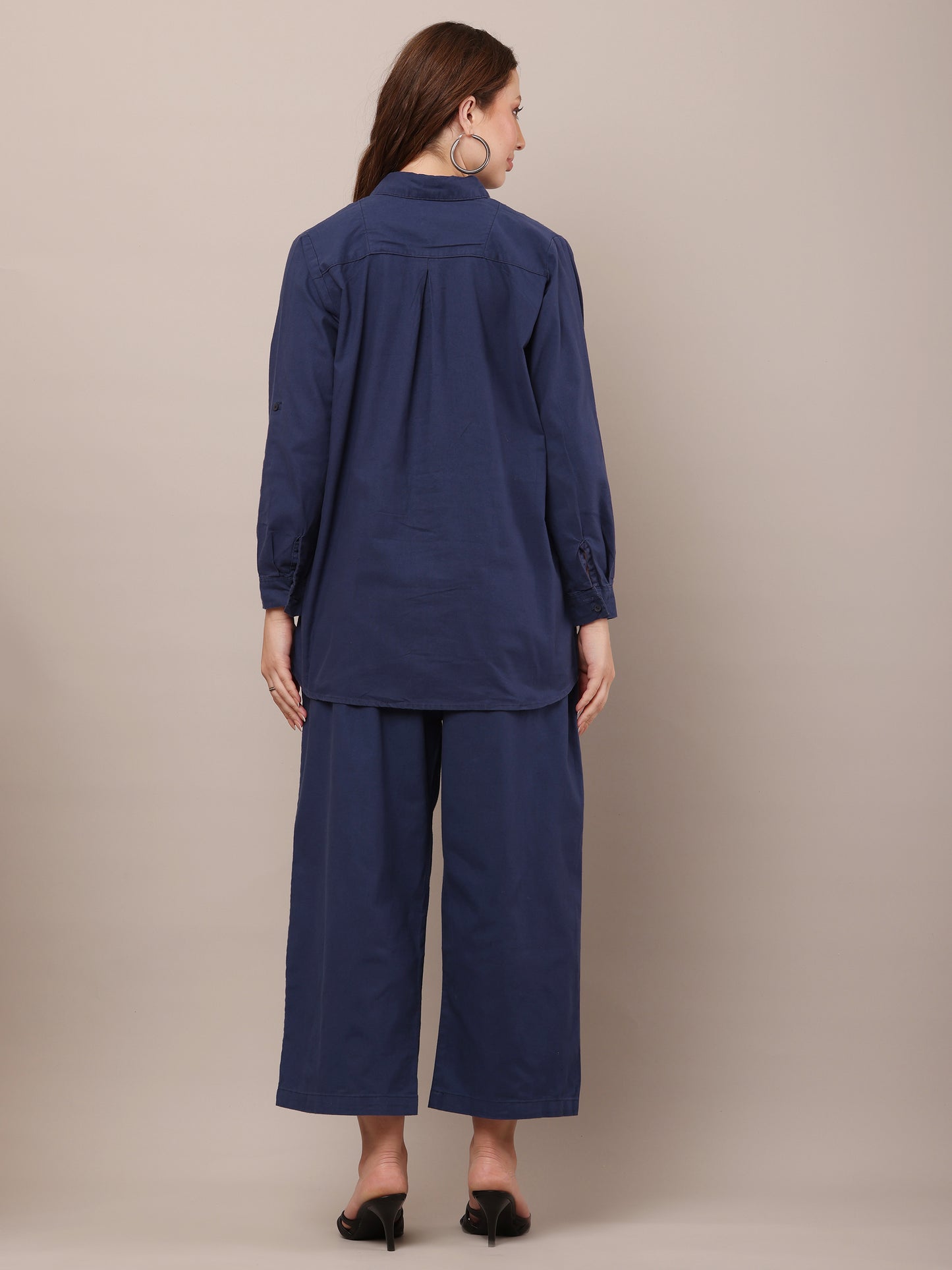 Blue with Shirt Collar Long Sleeves shirt With Trouser Co-Ord Set