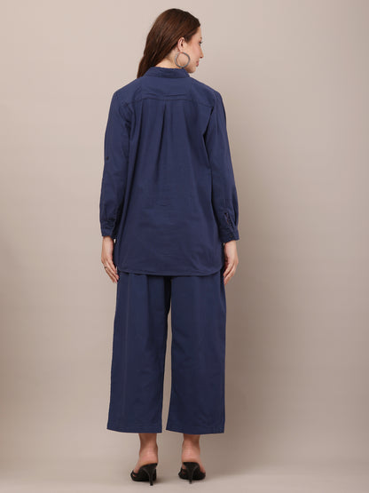 Blue with Shirt Collar Long Sleeves shirt With Trouser Co-Ord Set