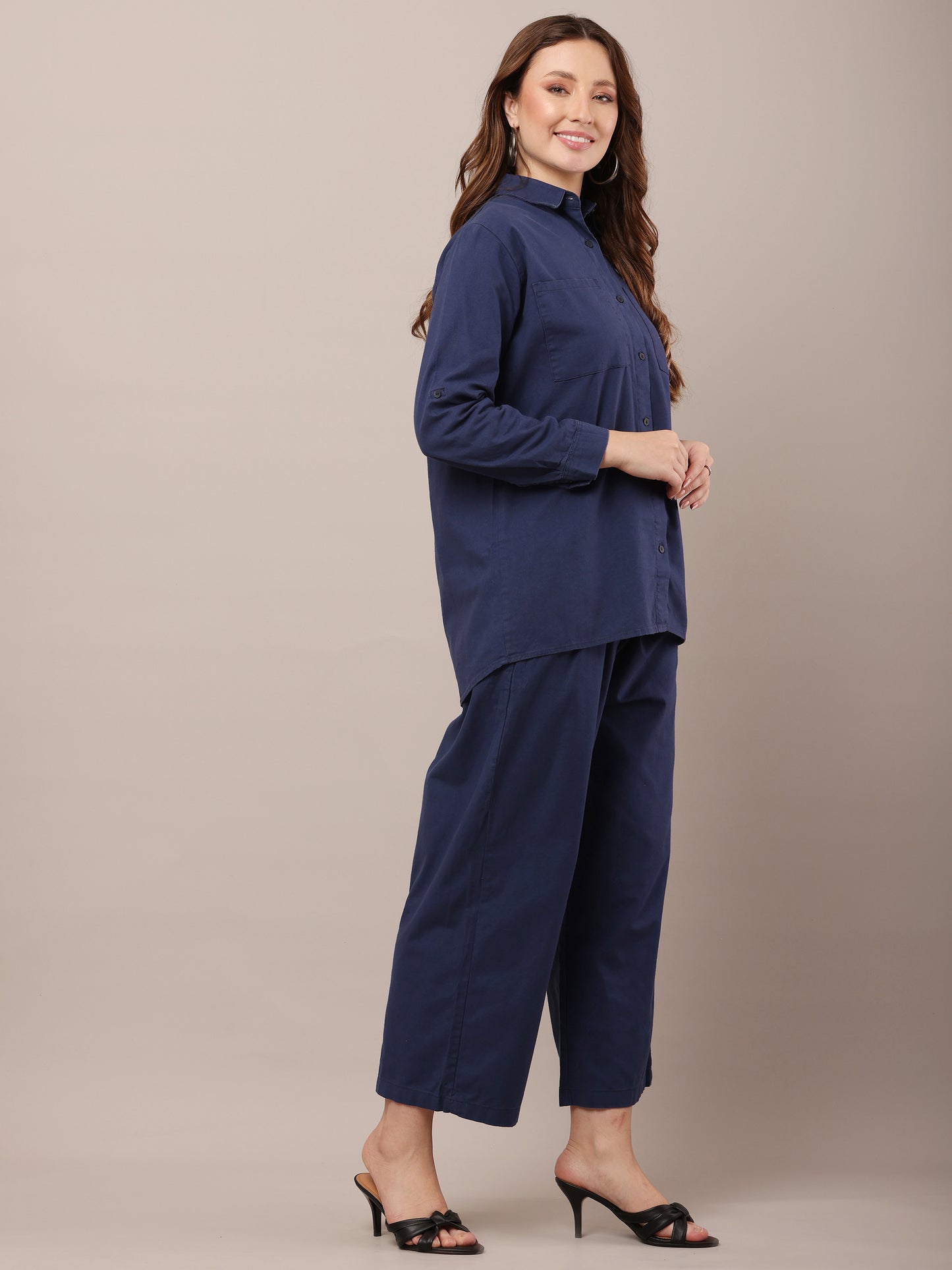 Blue with Shirt Collar Long Sleeves shirt With Trouser Co-Ord Set