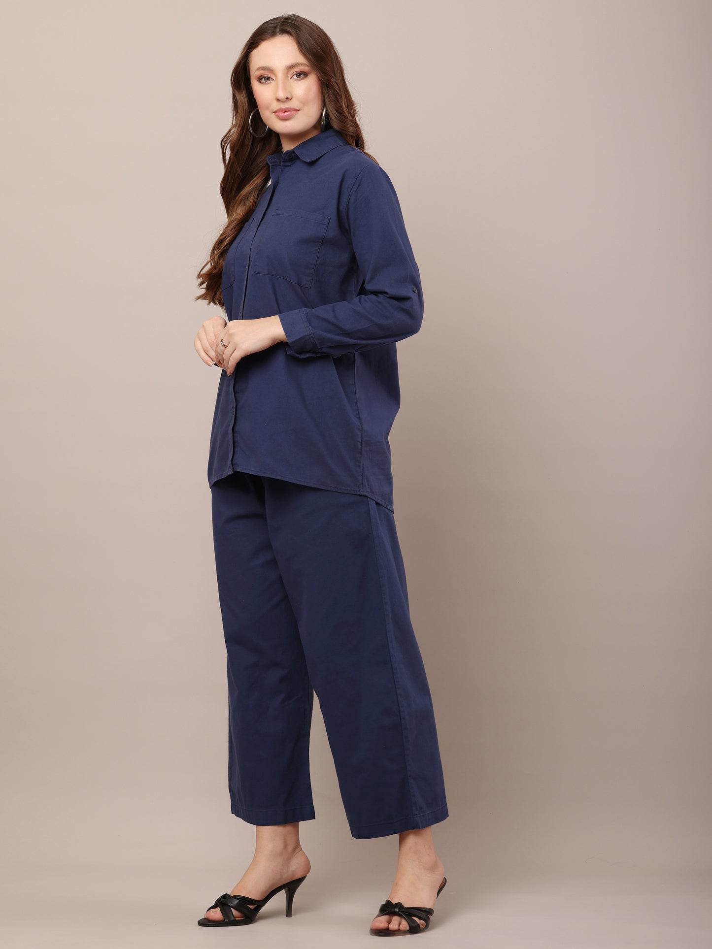 Blue with Shirt Collar Long Sleeves shirt With Trouser Co-Ord Set