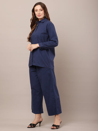 Blue with Shirt Collar Long Sleeves shirt With Trouser Co-Ord Set