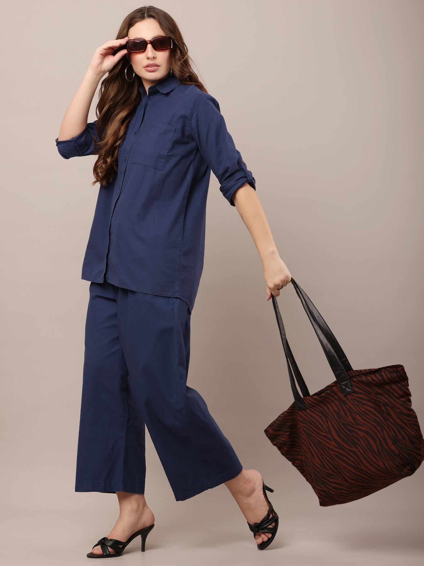 Blue with Shirt Collar Long Sleeves shirt With Trouser Co-Ord Set