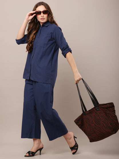Blue with Shirt Collar Long Sleeves shirt With Trouser Co-Ord Set