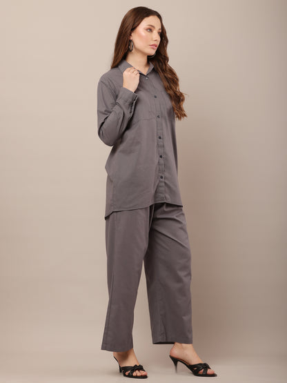 Grey with Shirt Collar Long Sleeves shirt With Trouser Co-Ord Set