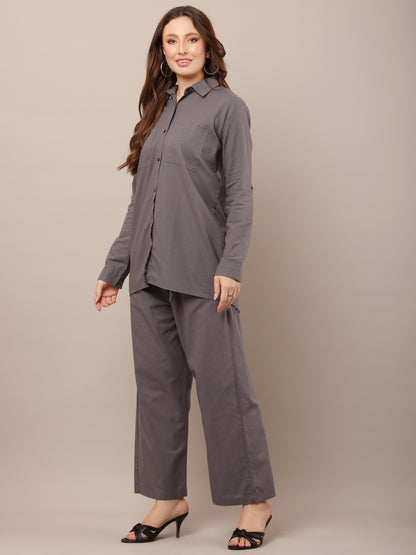 Grey with Shirt Collar Long Sleeves shirt With Trouser Co-Ord Set