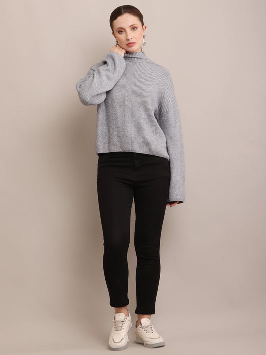 Viscose Full Sleeve with High Neck Ribbed Grey Sweater