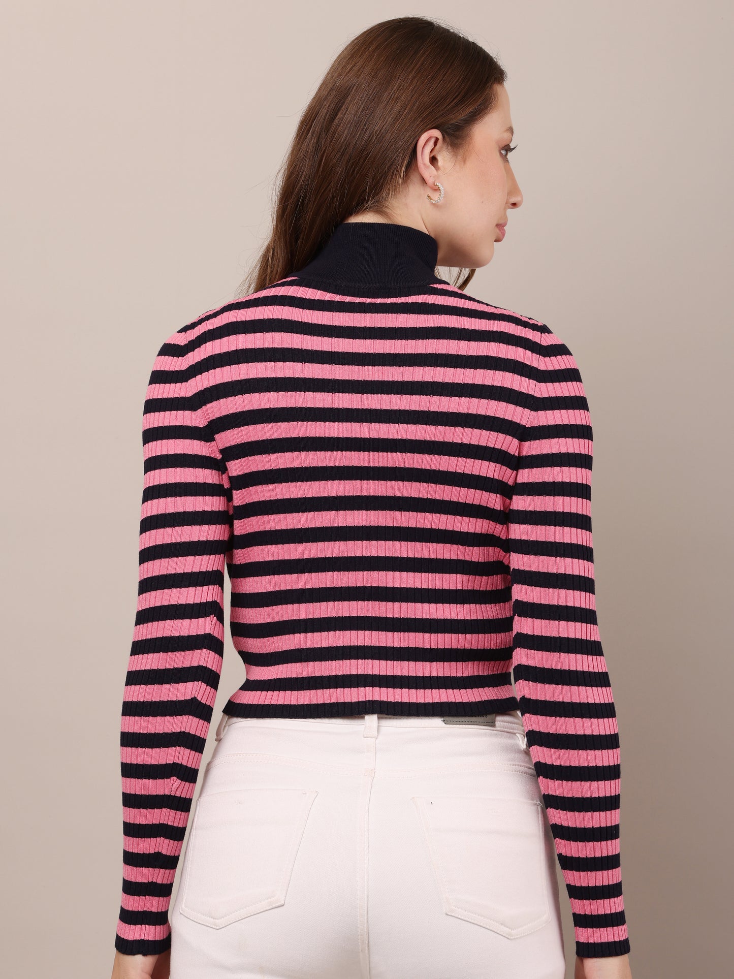 Viscose Full Sleeve with High-neck stripe Pink Sweater