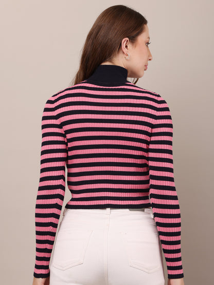 Viscose Full Sleeve with High-neck stripe Pink Sweater