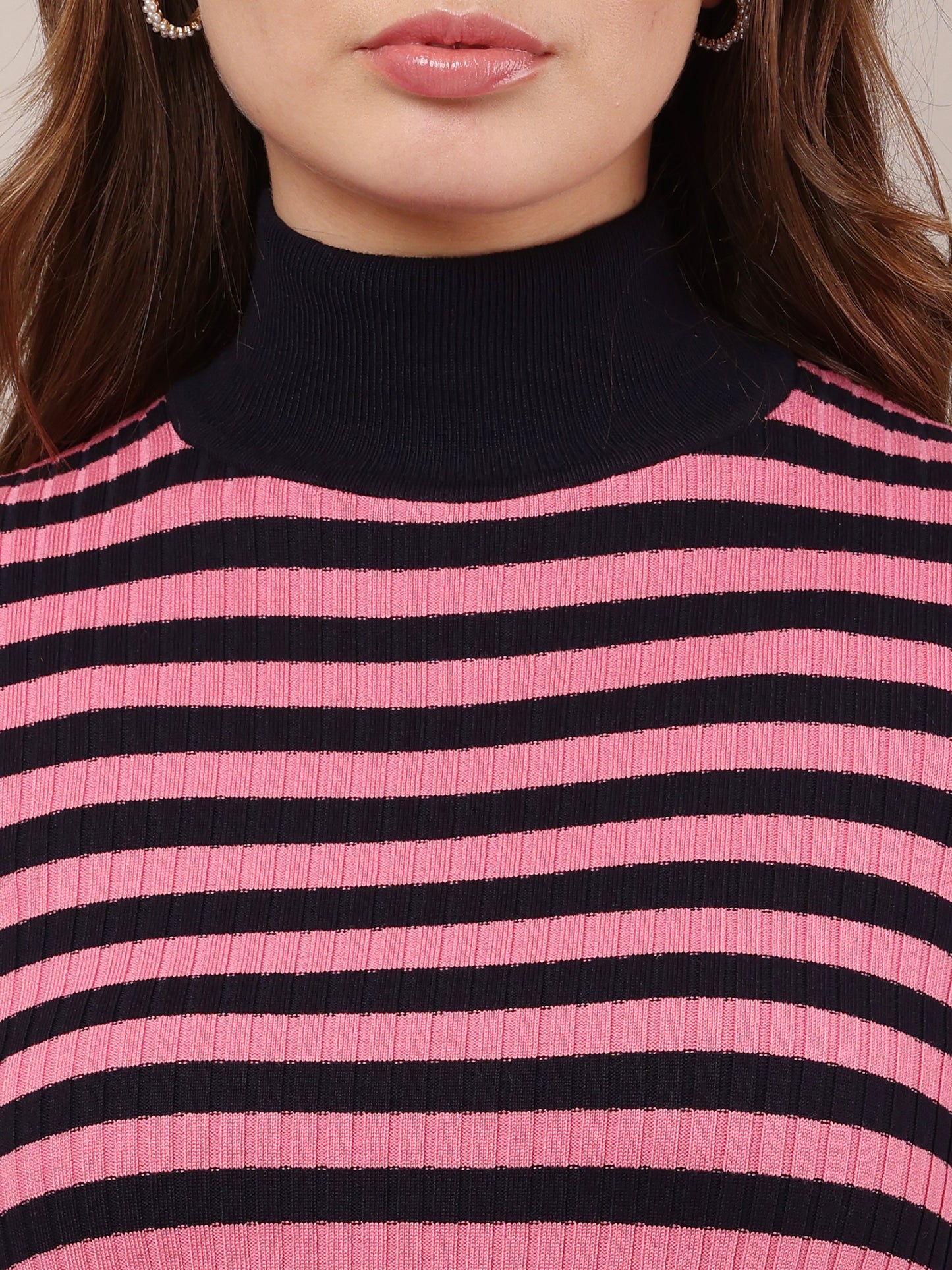 Viscose Full Sleeve with High-neck stripe Pink Sweater