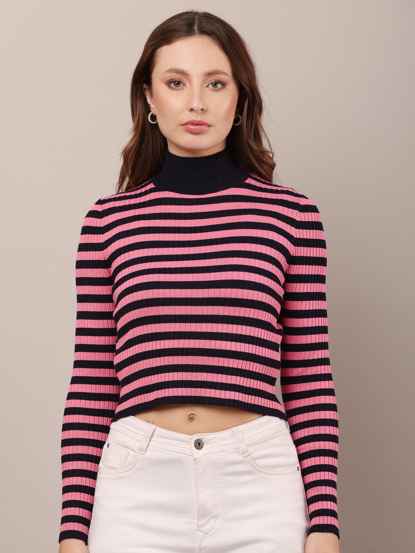 Viscose Full Sleeve with High-neck stripe Pink Sweater