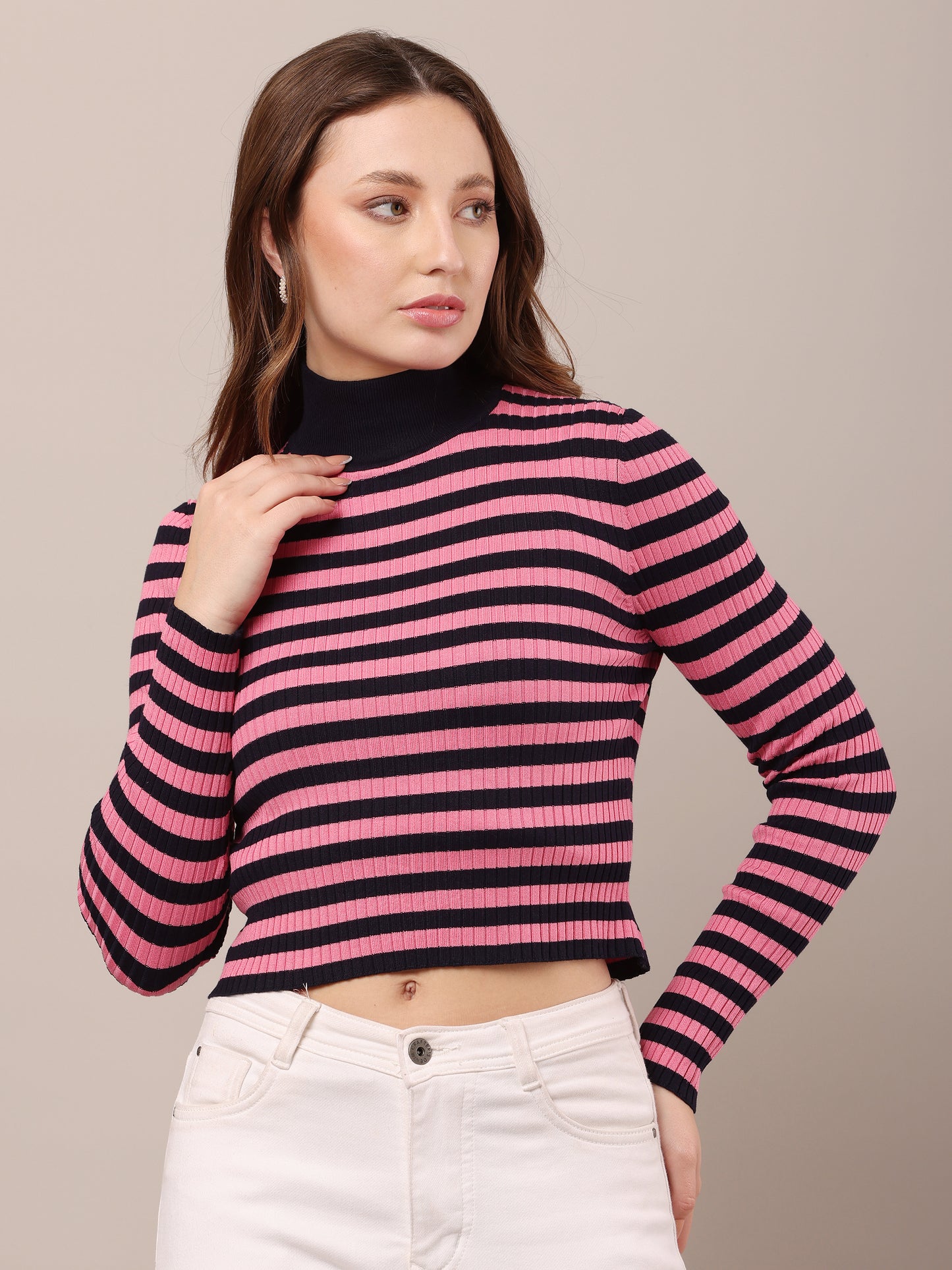 Viscose Full Sleeve with High-neck stripe Pink Sweater