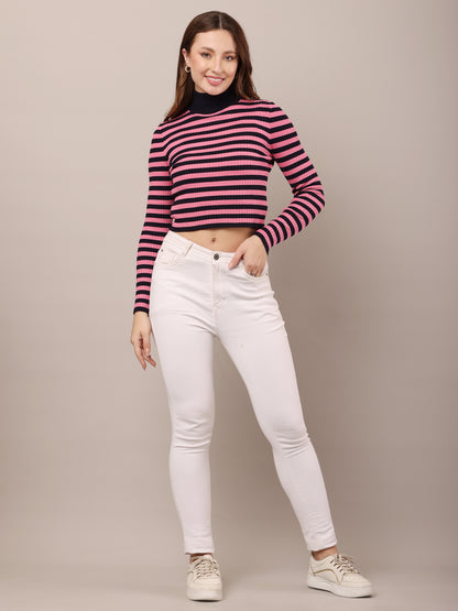 Viscose Full Sleeve with High-neck stripe Pink Sweater