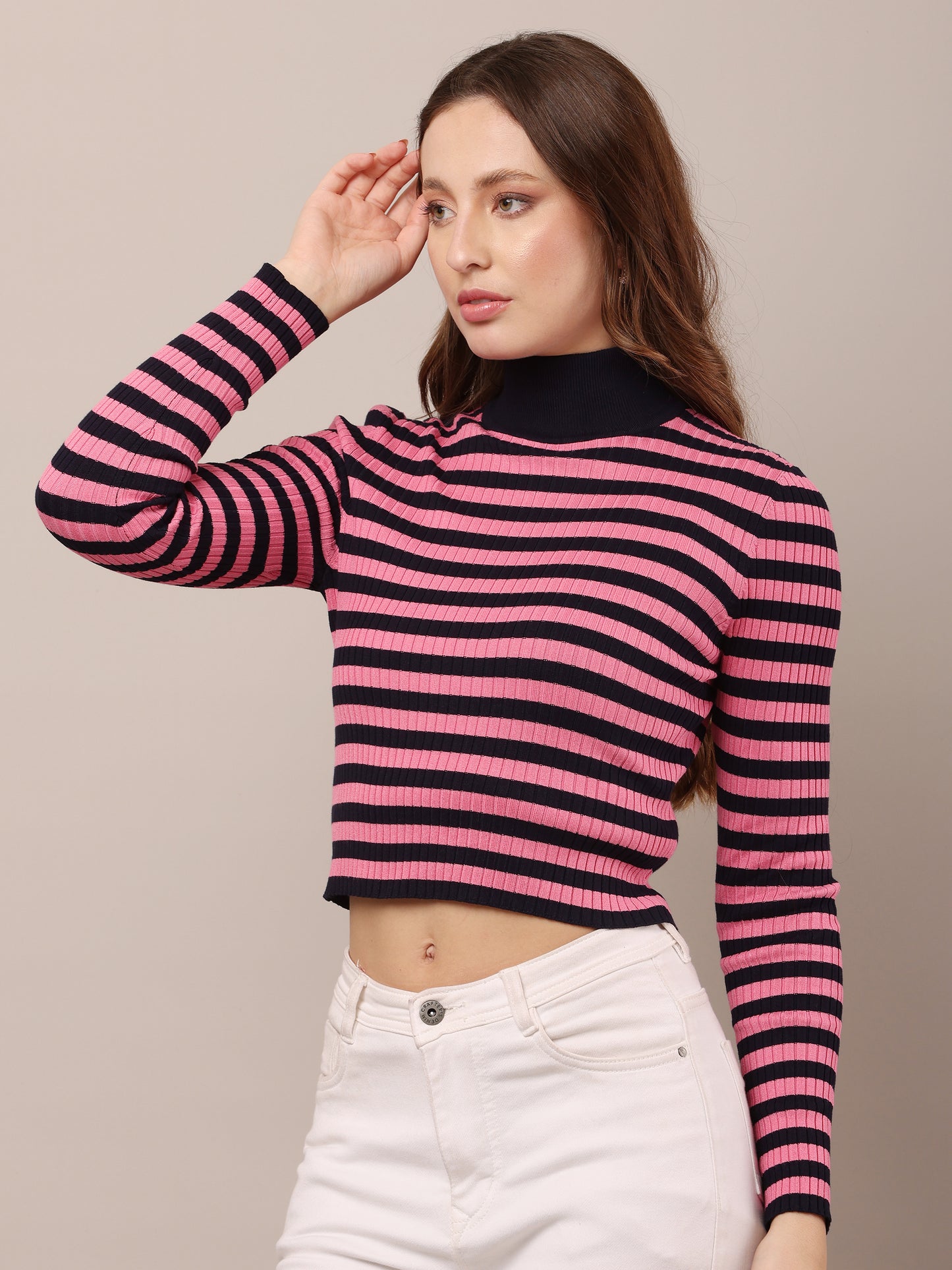 Viscose Full Sleeve with High-neck stripe Pink Sweater