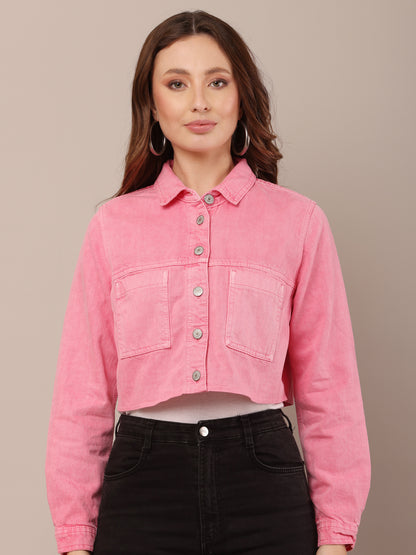 Cotton Full Sleeve with Shirt Collar Pink Jacket