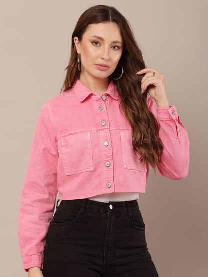 Cotton Full Sleeve with Shirt Collar Pink Jacket